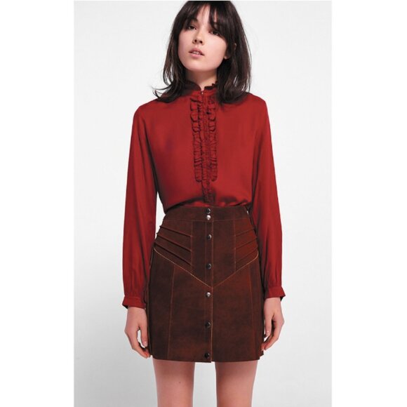 Les Petites Paris 70s Rust Brown Suede Snap Front Ribbed Seams Mini Skirt 29" - Picture 3 of 15